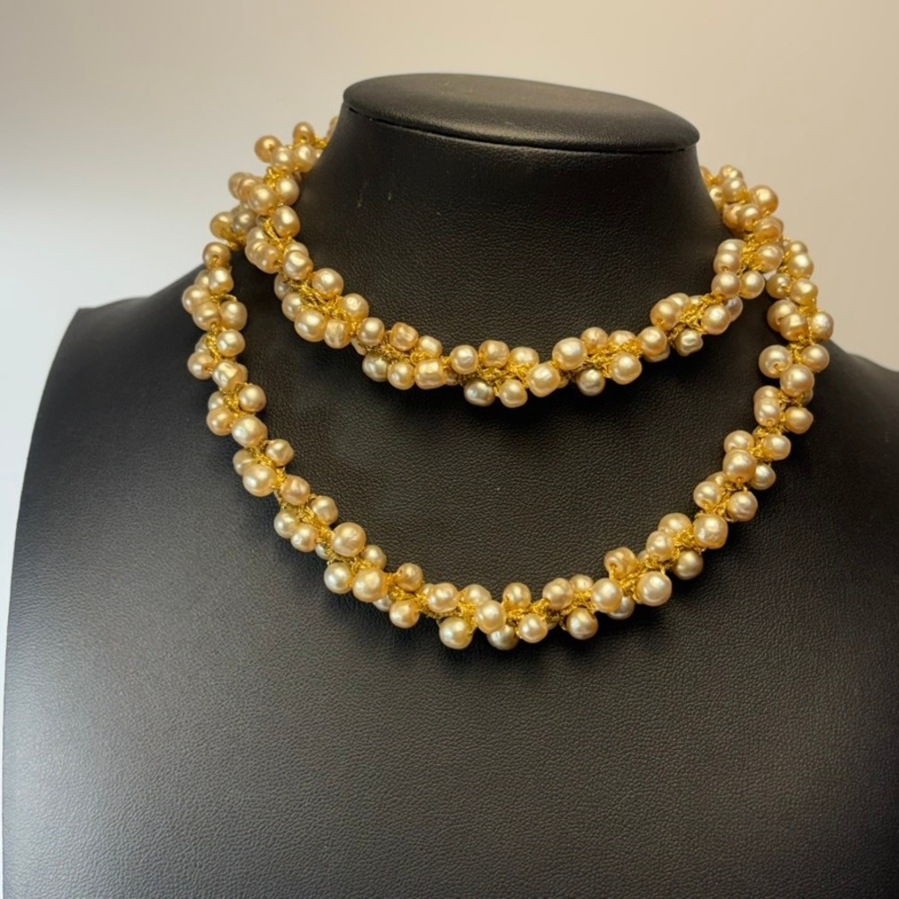 Vintage Faux Pearl Twisted Rope Necklace Cream Gold Tone Statement Boho Chic 24"